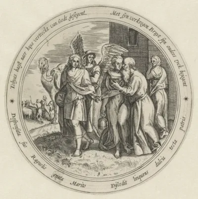 Tobias, Sara en de engel nemen afscheid van Raguel en Edna