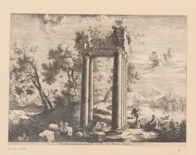 Tobias toont Rafaël de vis in een landschap met ruïnes