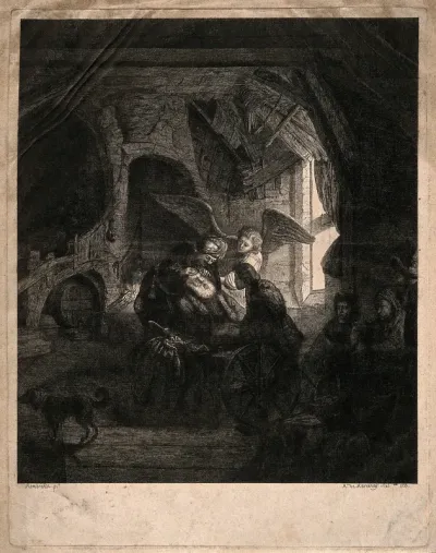 Tobias under the guidance of the archangel Raphael, cures Tobit's blindness using a 'fish-gall'