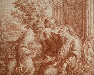 Tobit anointing his father's eyes with the gall of a fish to cure his blindness