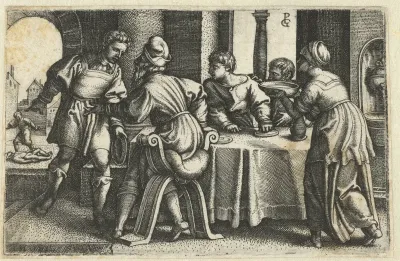 Tobit verlaat het feestmaal nadat Tobias hem vertelt over een omgebrachte man