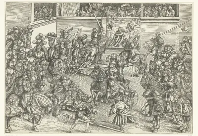 Toernooi van het keurvorstelijk hof van Saksen met wandtapijt Simson doodt de leeuw