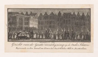 Toeschouwers kijken naar de geestenverschijning op de Oude Schans