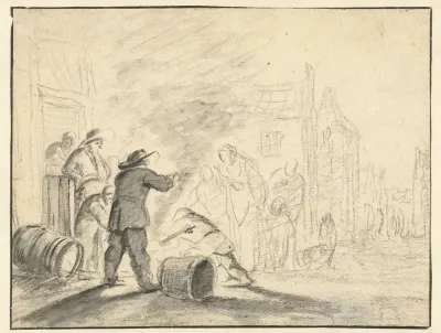 Toeschouwers rond een vuurtje op straat
