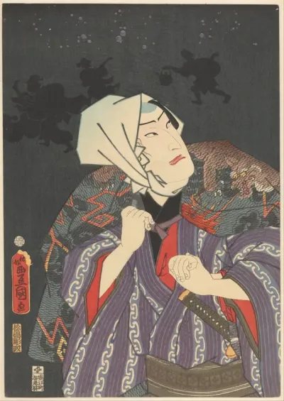 Tokijirô met hoofddoek en brandweerjas