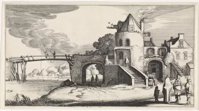 Tolhuis met houten brug over de rivier