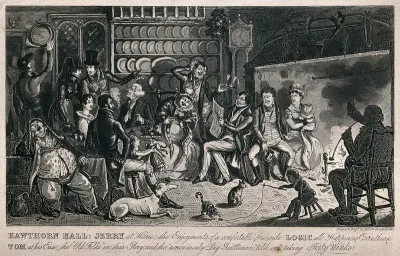 Tom and Jerry at Jerry's house in Somerset with their companions seated around a fireplace, with a man reading something amusing