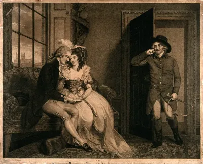 Tom Jones and Sophia Western are seated together on a sofa as Squire Western enters the room with a riding whip