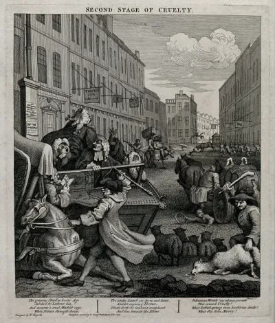 Tom Nero, a hackney coach driver, beats with sadistic cruelty a disabled horse; a herdsman cudgels a sheep and a sleeping drayman runs over a boy with a hoop
