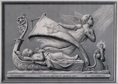 Tomb for a young child showing its body on a raft steered by an angel