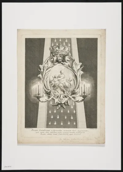 Tomb monument with representation in cartouche, 2 candlesticks, a crown and a skull