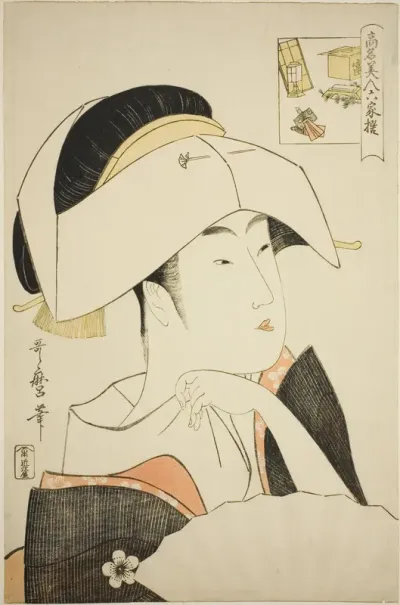 Tomimoto Toyohina, from the series Renowned Beauties Likened to the Six Immortal Poets (Komei bijin rokkasen) (Tomimoto Toyohina) (picture-riddle)