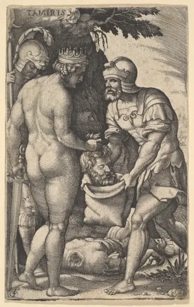 Tomyris, shown nude from behind, placing the head of Cyrus into a sack held by a soldier, the decapitated body of Cyrus on the ground at her feet, from "Four Mythological Scenes"