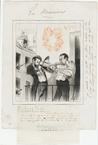 Ton, ton, ton, ton, ton, t..... “- Be quiet, my wife has a headache!. - Why don't you read a drama in five acts with a similar orchestra! - Stop it... my little one gets the colic!” Ton, ton, ton, ton, taine..., plate 2 from Les Musiciens De Paris