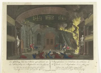 Toneel van de schouwburg aan de Keizersgracht te Amsterdam bij het uitbreken van de brand, 1772