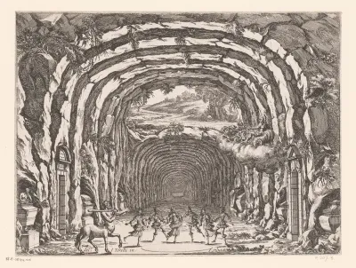 Toneeldecor met dansers in een grot