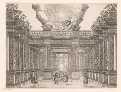 Toneeldecor met figuren in een zuilengalerij met daarop adelaars, in de lucht erboven een wolkentunnel