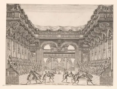 Toneeldecor met gevecht van gladiatoren in een arena