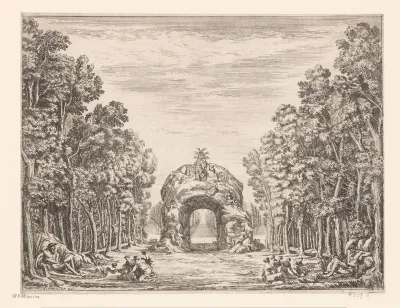 Toneeldecor met scène uit het verhaal van Peleus en Thetis bij een grot
