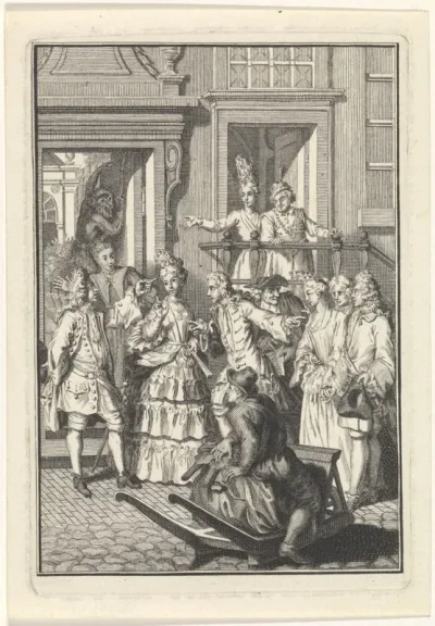 Toneelscène uit een komedie met een elegant gezelschap op straat