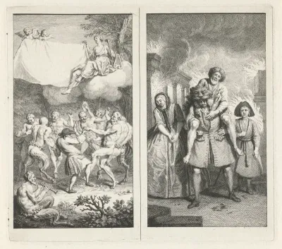 Toneelschrijver Paul Scarron danst met saters, faunen en maenaden / Aeneas redt zijn vader uit het brandende Troje