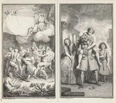 Toneelschrijver Paul Scarron danst met saters, faunen en maenaden / Aeneas redt zijn vader uit het brandende Troje