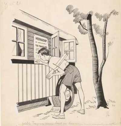 Tony prikt een affiche van "The Travellers" op de woonwagen