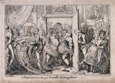 Too many people are trying to get into a drawing room at Buckingham Palace, consequently people are being crushed and ladies' dresses are being trodden on