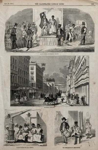 Top, a slave auction in Richmond, Virginia; centre, a coach on a street in Baltimore; bottom left, slaves waiting to be sold, Virginia; bottom right, a slave playing the flute