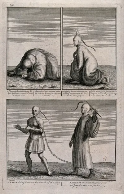 Top: Chinese men seeking alms by threatening to kill themselves by self-mutilation, one (left) kneeling to hit his head against a rock, and the other (right) with burning herbs on his head; below, a monk being whipped as a punishment for promiscuity