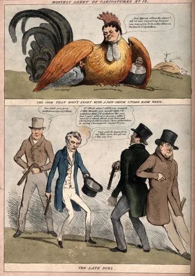 Top: Daniel O'Connell as a cock supported by Jewish finance and the Roman Catholic church; below, O'Connell withdrawing from fighting a duel (?)
