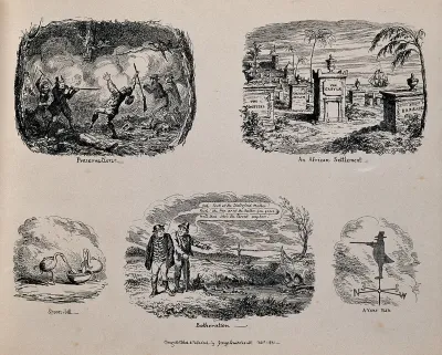 Top left, gamebirds watching in safety while hunters and poachers shoot each other; top right, a graveyard for colonial institutions in Africa; bottom left, spoonbills (birds) made of teapots and spoons; bottom centre, two men talking about a hen and