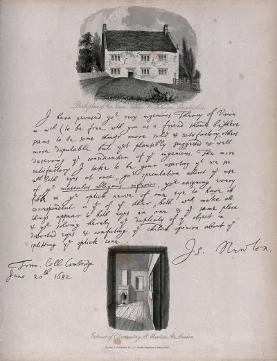 Top, the house where Isaac Newton was born, Woolsthorpe, Lincolnshire; centre, a letter written by Isaac Newton from Trinity College Cambridge, 20 June 1682; bottom, interior of the observatory in Newton's house on St