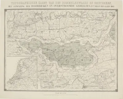 Topographische kaart van den Bommelerwaard en omstreken, met aanwyzing der doorbraken en overstroomde gedeelten, in't begin der 1861