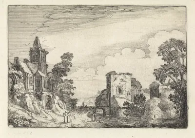 Toren en een kerk in een landschap