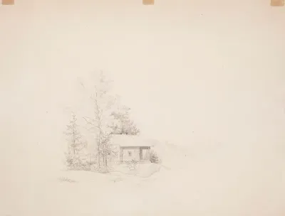 Torppa rannalla, vasemmalla puita