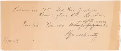 Torsten Stjernschantzin sähkösanoma (konsepti) Tancred Boreniukselle  2.12.1924
