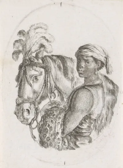 Tot slaaf gemaakte Afrikaanse jongen naast paard met pluimen op het hoofd