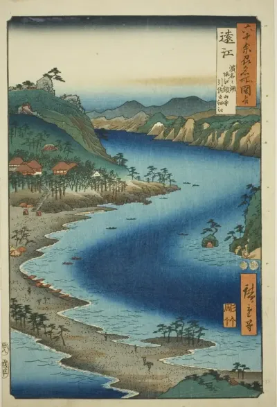 Totomi Province: The Narrow Inlet of Inasa near Kanzan Temple on Hamana Lake at Horie (Totomi, Hamana no umi, Horie Kanzanji, Inasa no hosoe), from the series "Famous Places in the Sixty-odd Provinces (Rokujuyoshu meisho zue)"