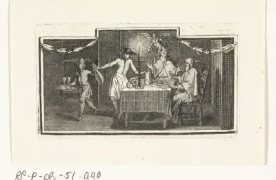 Tovenaars aan een tafel en de verschijning van een demon