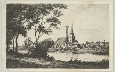 Town with a church across a river