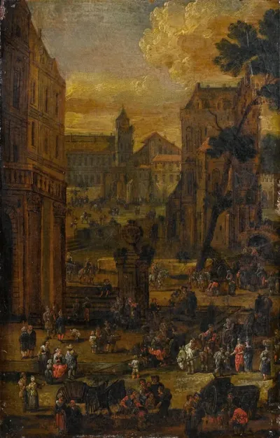 Townscape with figures in a market square in a tortoiseshell frame