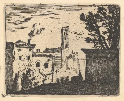 Townscape with wall and foliage in shadow in right foreground, buildings with smoking chimney and square tower beyond, from "The Small Landscapes"