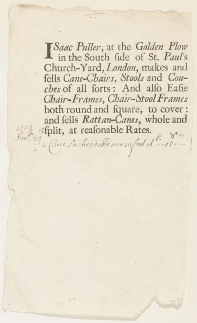 Trade Card of Isaac Puller, Cane Chairs at the Golden Plow, St. Paul's Church Yard