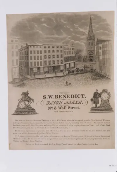 Tradecard of S. W. Benedict, Watchmaker, No. 5 Wall Street, New York