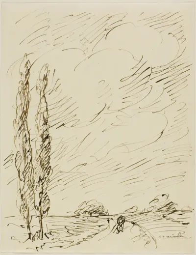 Tramp on a Road with Two Poplar Trees