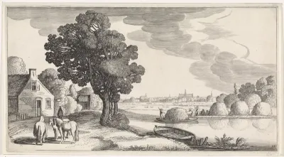 Transport van hooi op een rivier met Haarlem in de verte