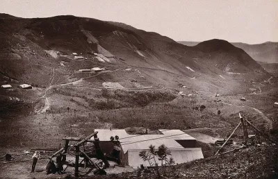 Transvaal, South Africa: a gold mining valley occupied by Union Company and Pioneer United Company, with Barberton in the distance