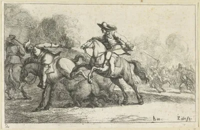Trappend paard en de ruiter achterwaarts schietend