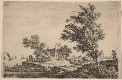 Traveler Passing Two Large Trees